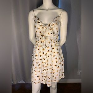 White and gold flower spaghetti strap short dress button down tie top & pockets